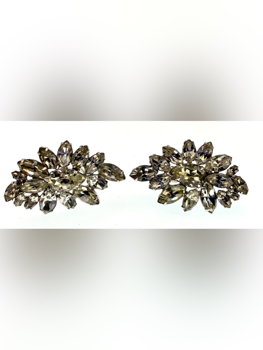 Vintage Signed Napier Clear Rhinestone Floral Spray Clip Earrings 1960s MCM